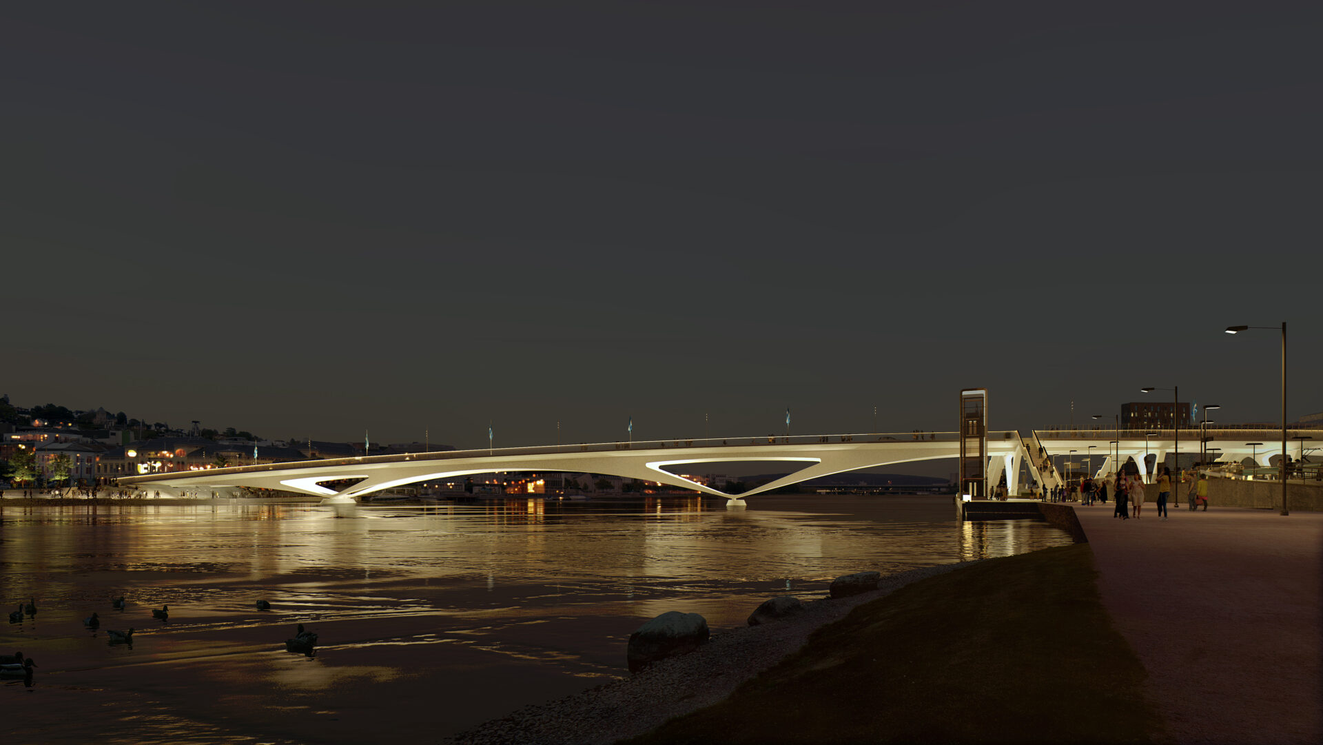 Drammen City Bridge illuminated at night viewed from the riverbank