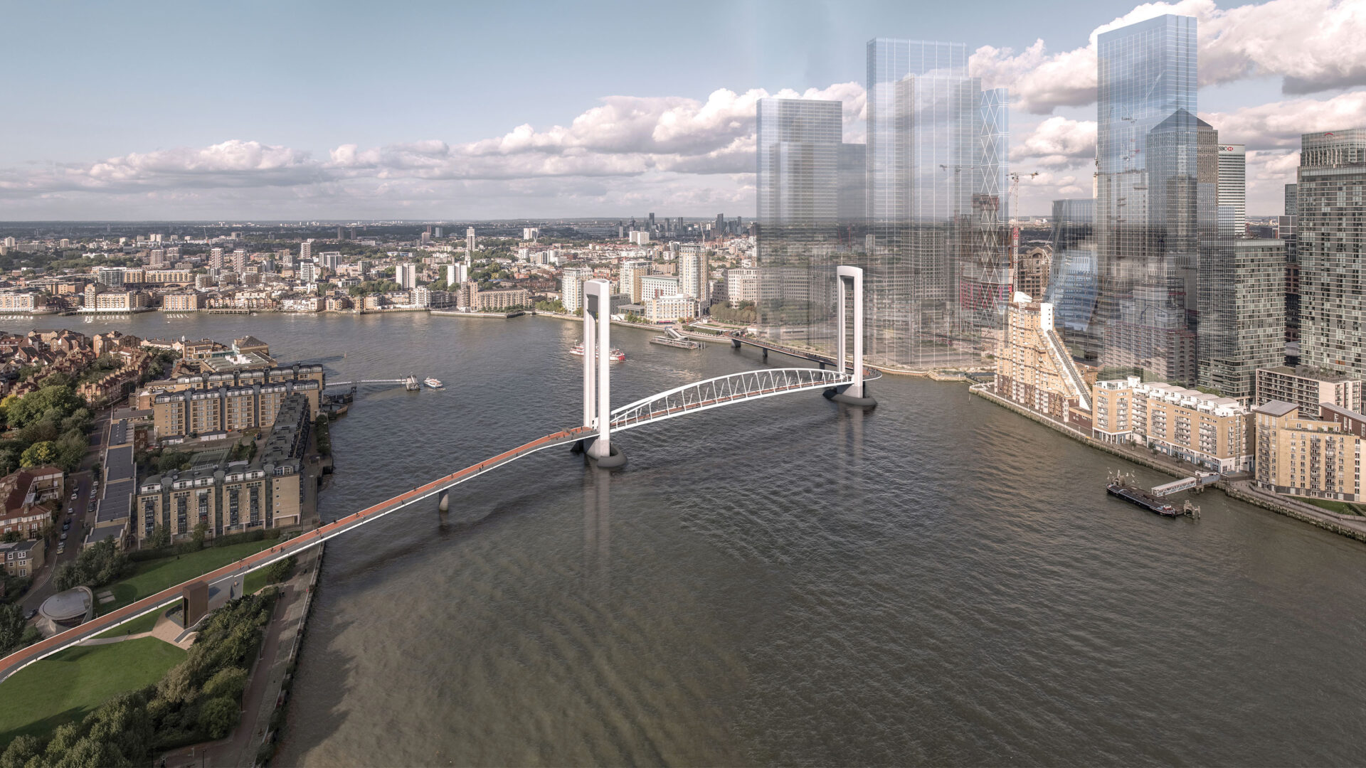 Large lifting Bridge in Canary Wharf over River Thames