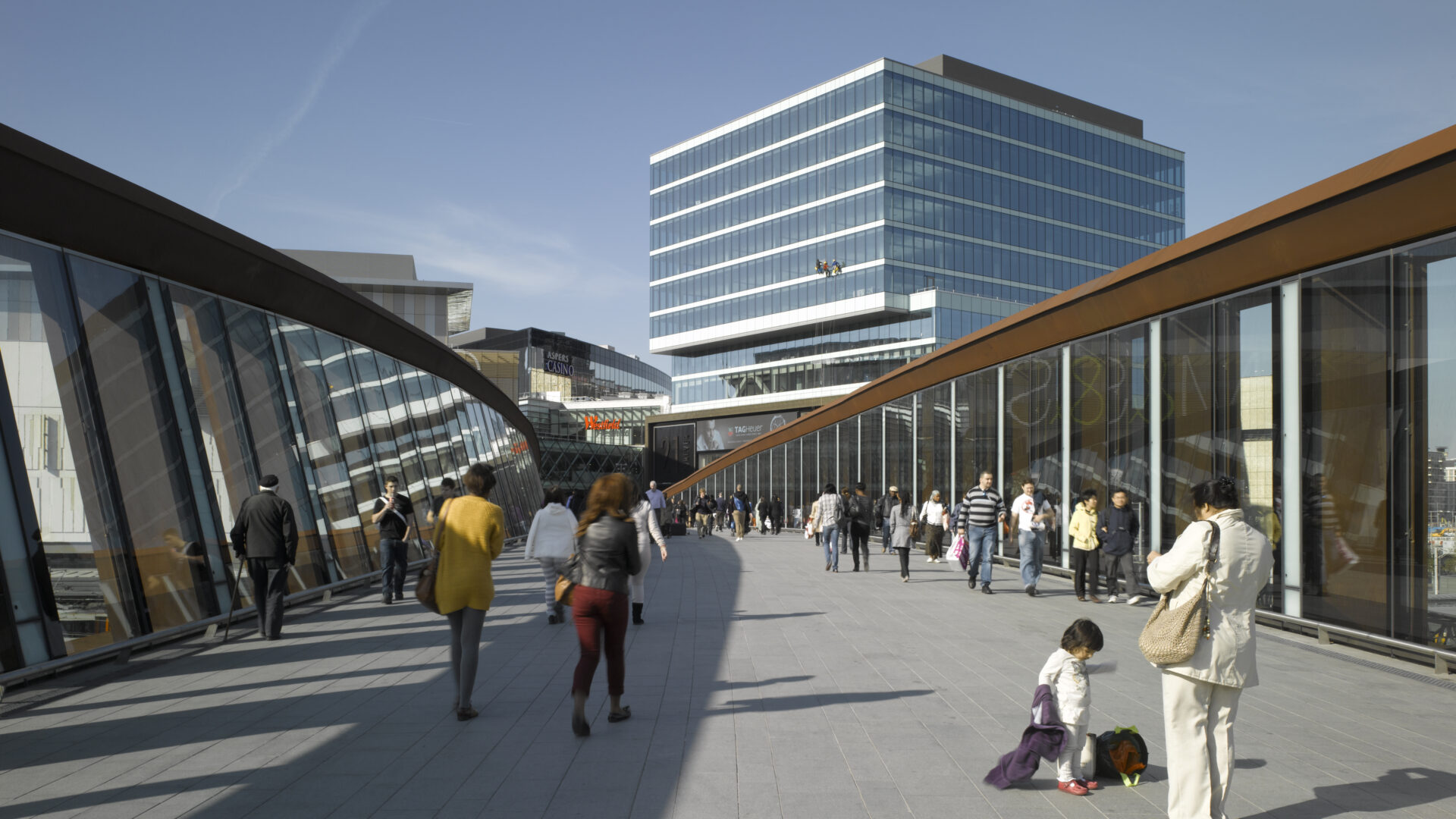 Pedestrians on deck of Town Centre Link footbridge at Westfield, Stratford