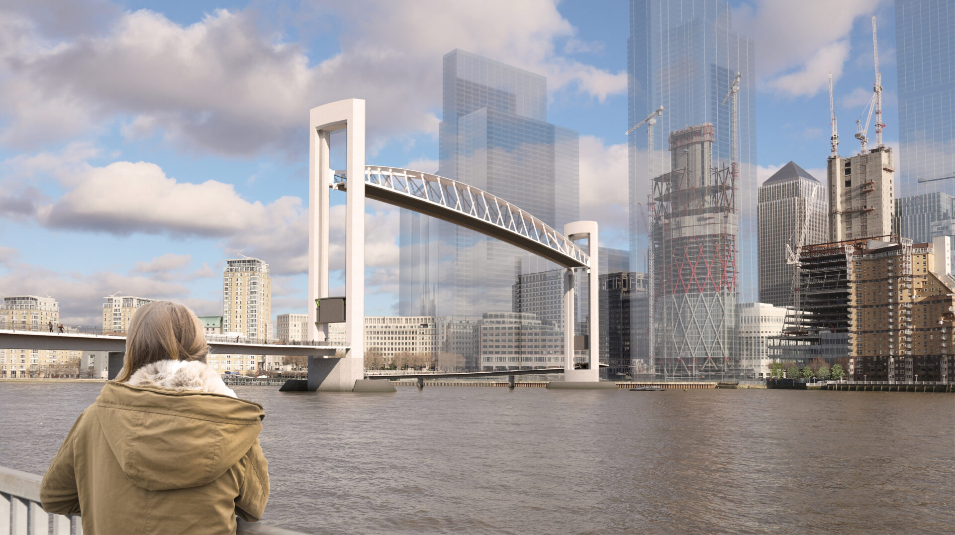Large lifting Bridge in Canary Wharf over River Thames looking towards city