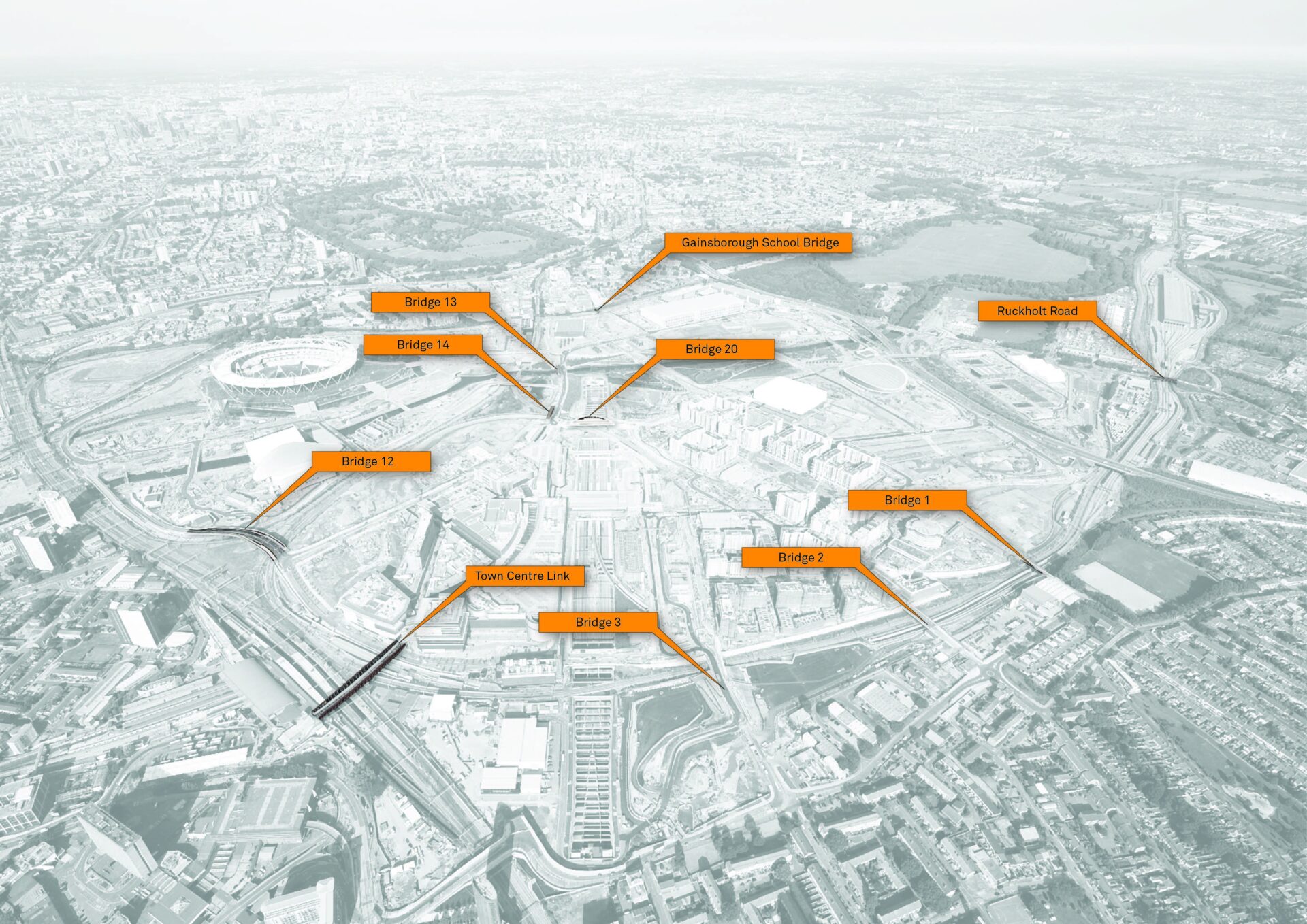 Aerial view of Olympic Park with orange Knight Architects bridge markers