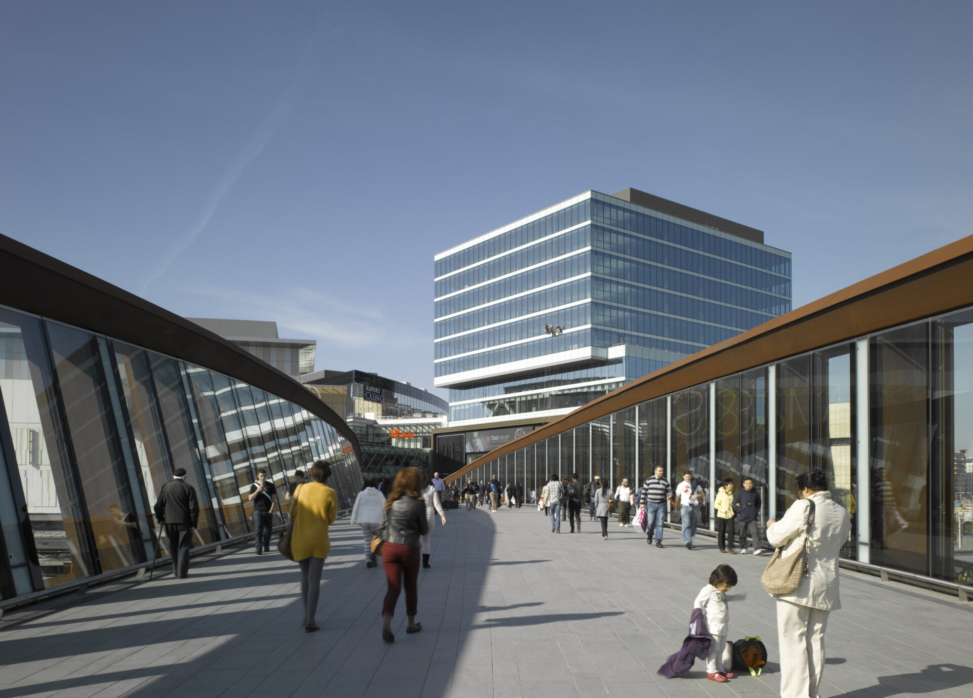 Pedestrians on deck of Town Centre Link footbridge at Westfield, Stratford