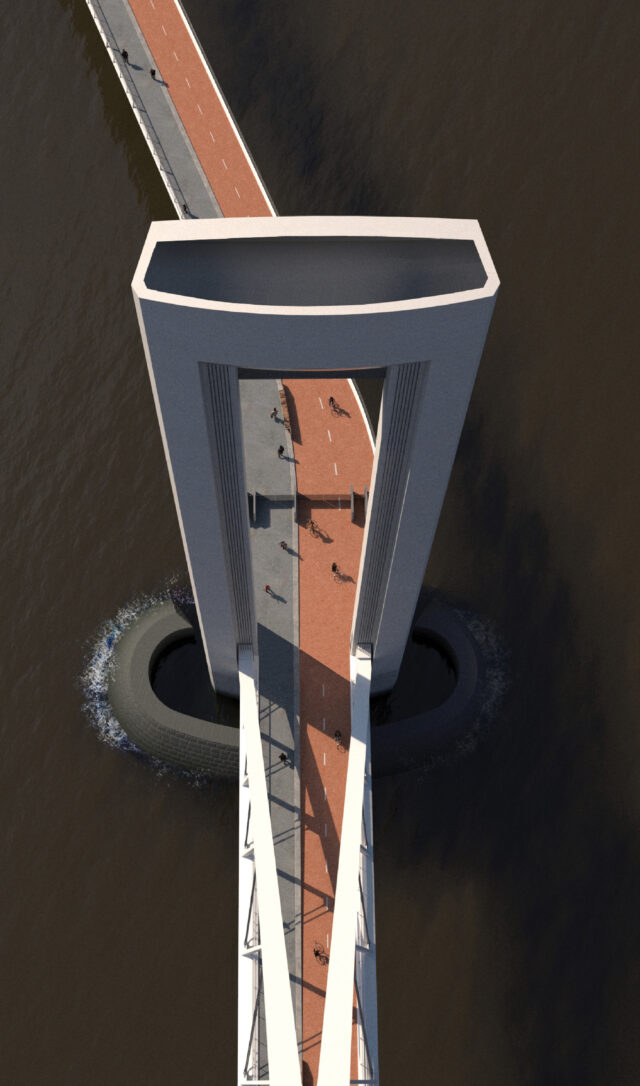 Large lifting Bridge in Canary Wharf over River Thames view from above tower