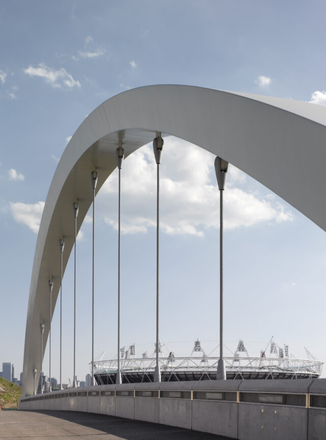 On deck view of Stratford Olympic park Bridge 20 looking at the cable-stayed arch