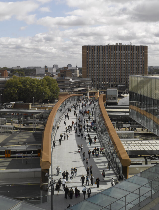 Looking down at pedestrians on Town Centre Link Bridge at Westfield Stratford
