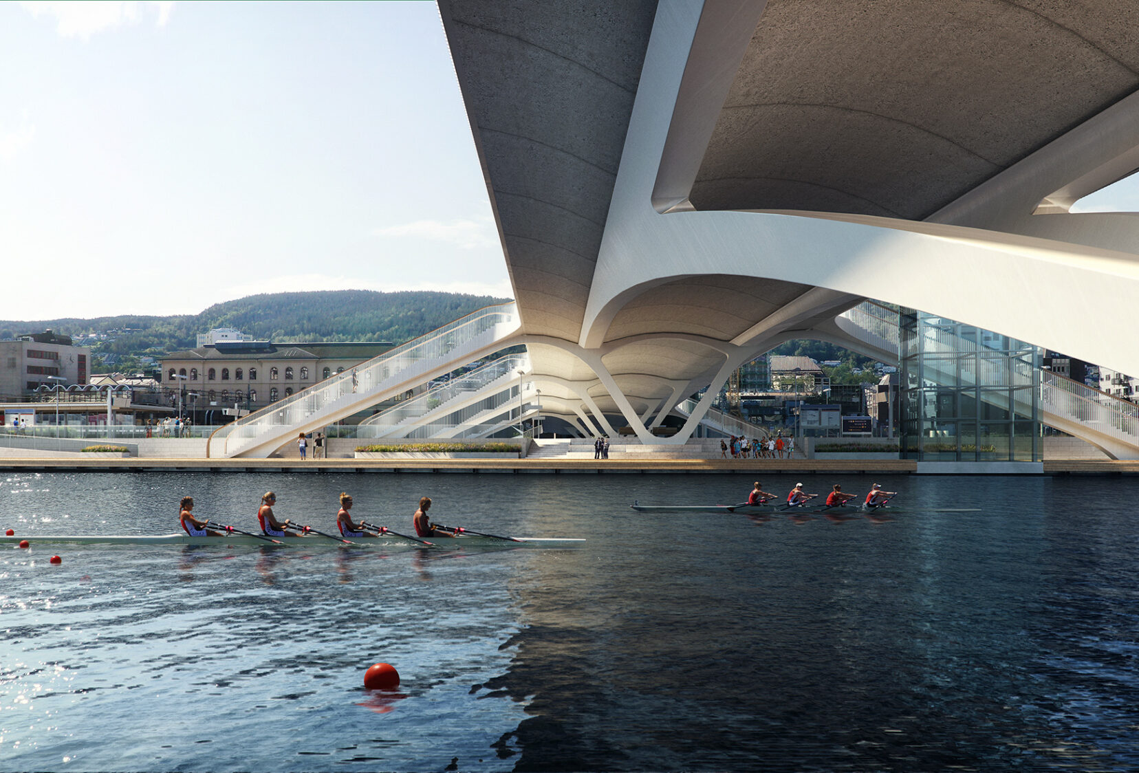 View under Drammen City Bridge showing V pier arrangement and rowers in on the water