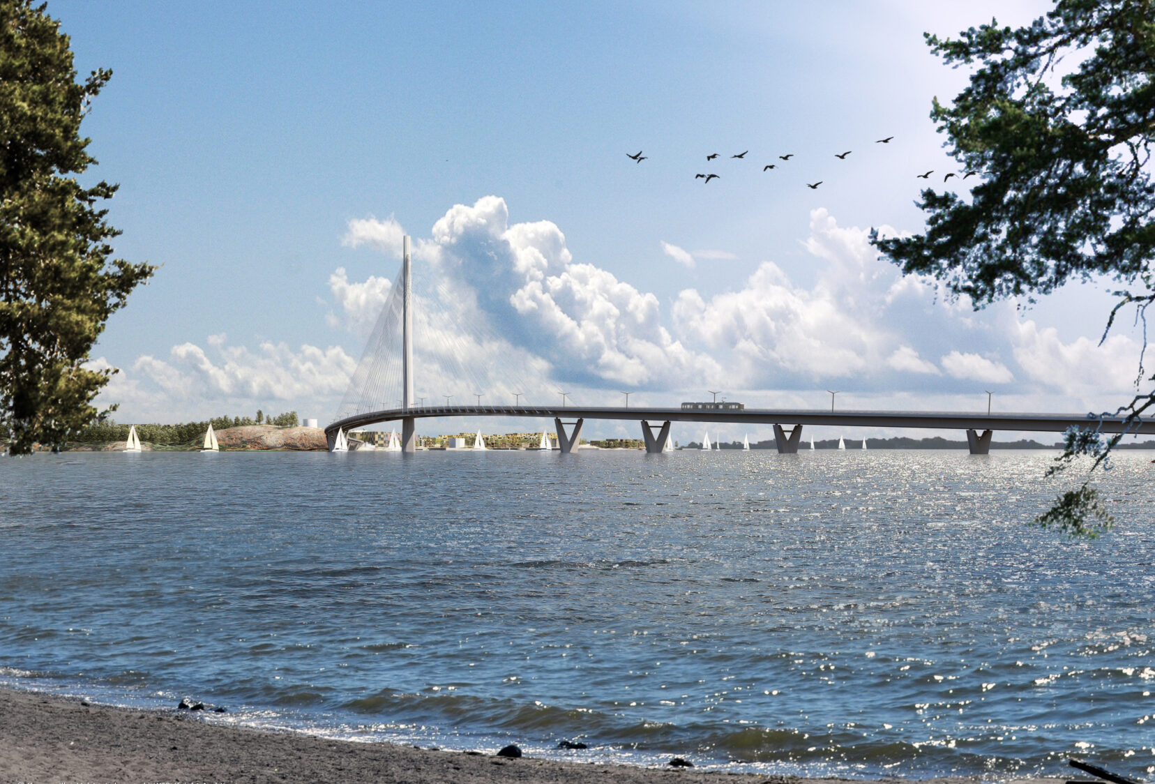 Shore view looking to Kruunusilat bridge with birds flying over and boats sailing under