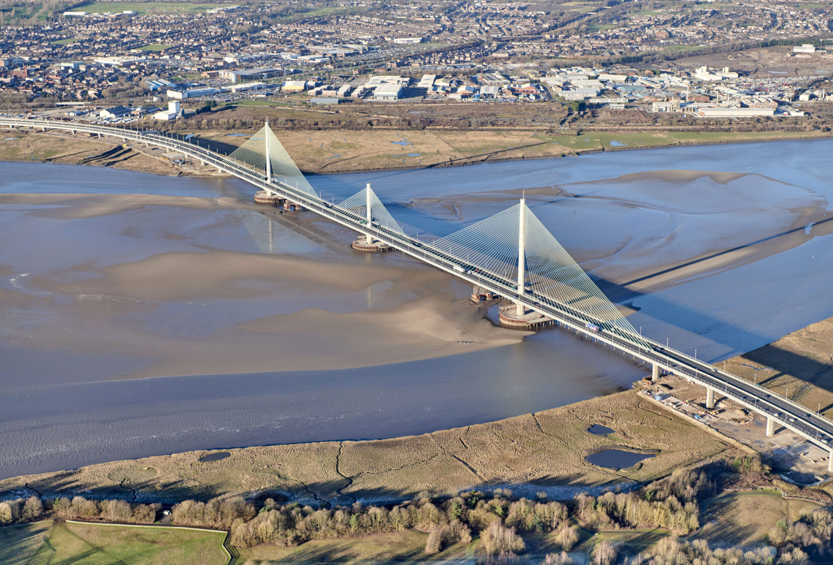 Aerial view of the 2.4km road bridge crossing the river between Runcorn and Widnes