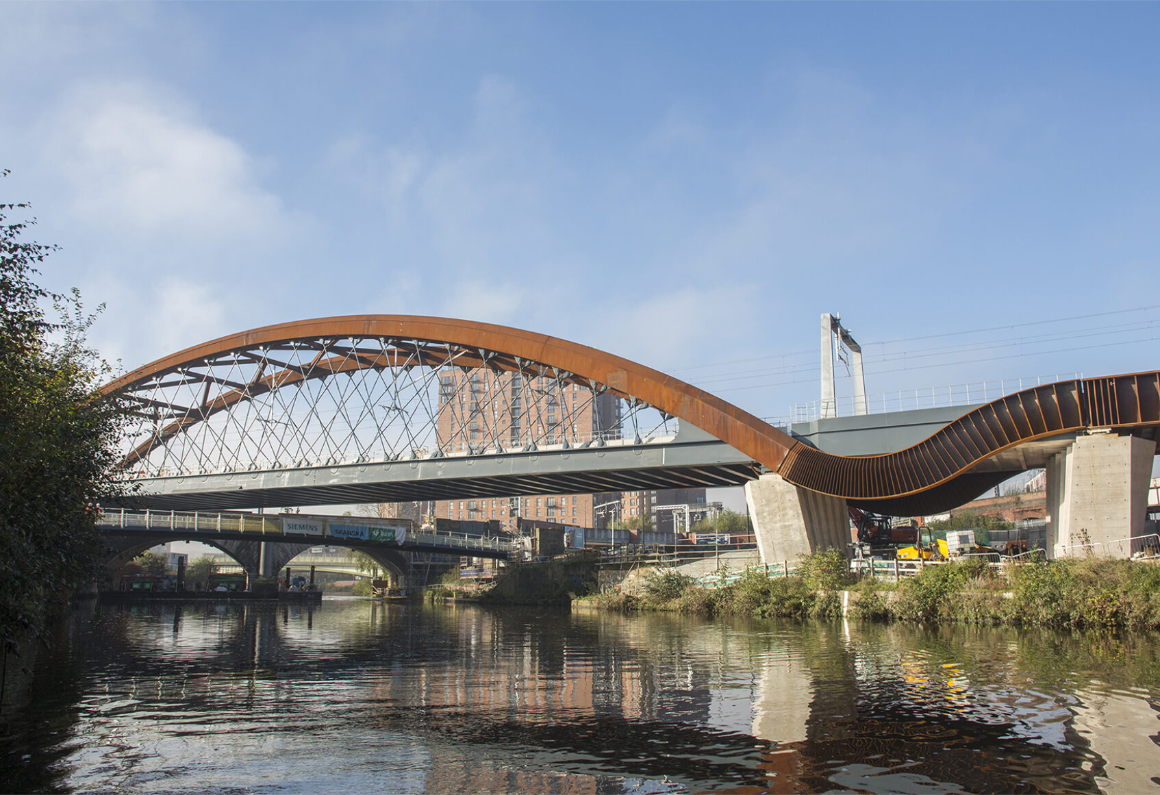 View of rail bridge crossing the River Irwell