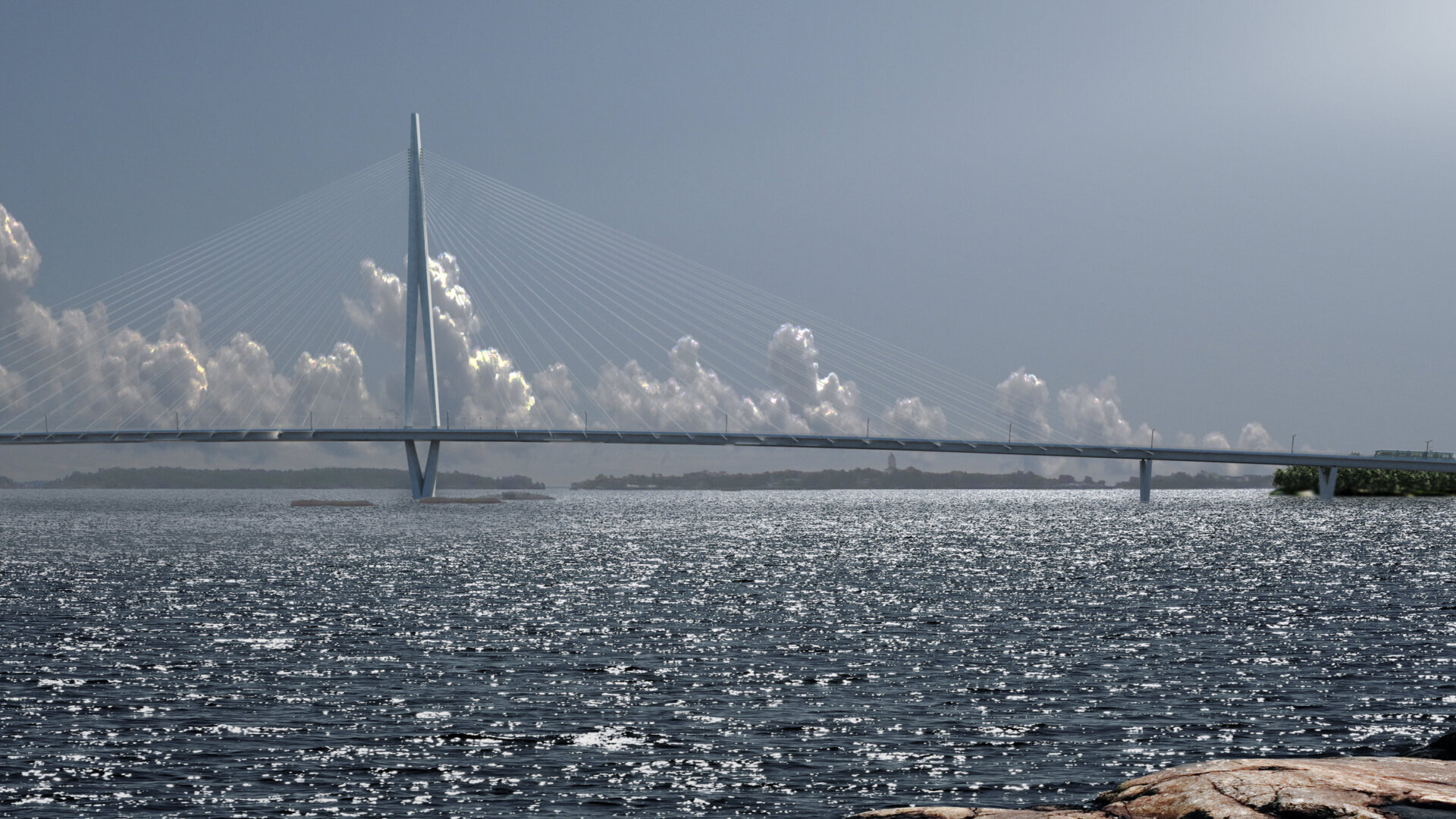 Sunny shore view of Kruunusilat bridge with clouds in the distance behind the bridge