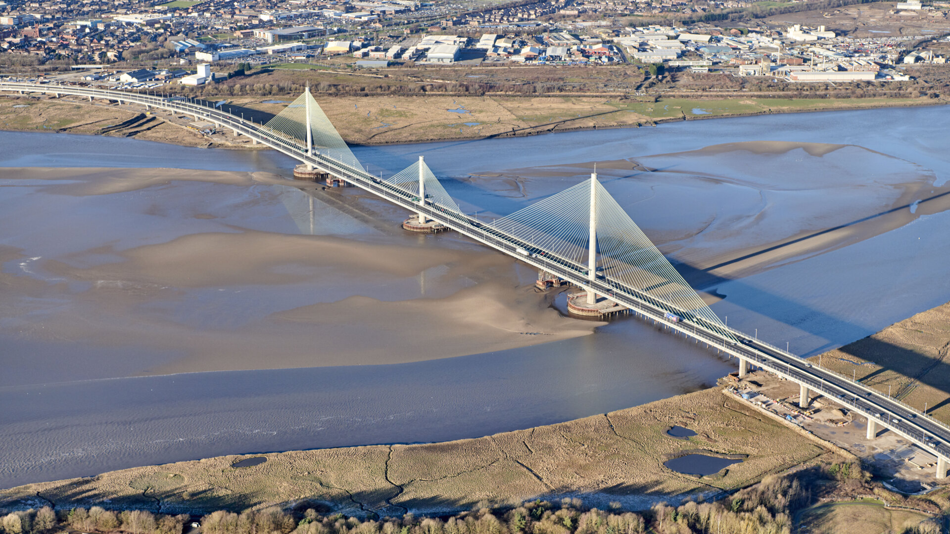 Aerial view of the 2.4km road bridge crossing the river between Runcorn and Widnes